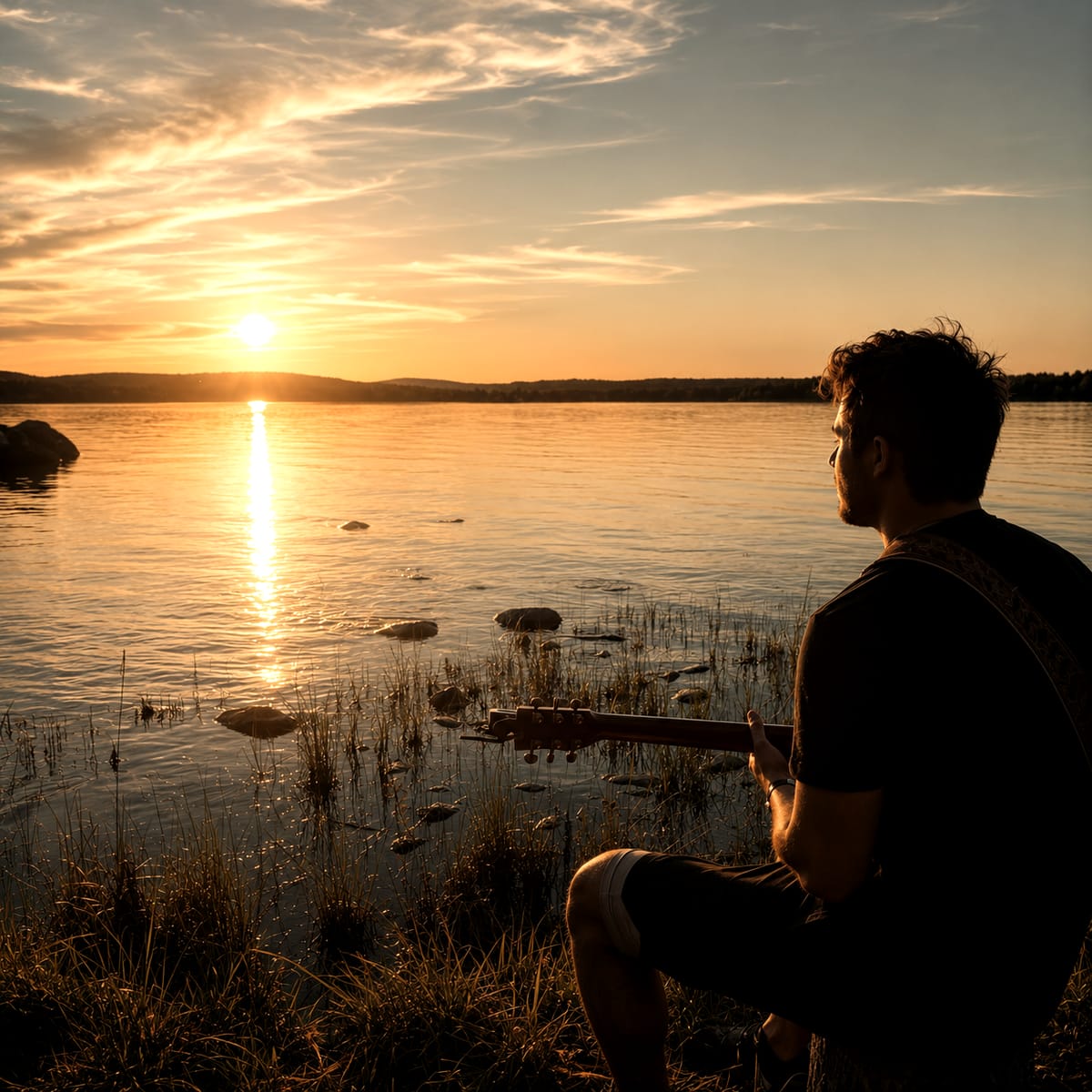Coucher de soleil sur le lac, guitare posée